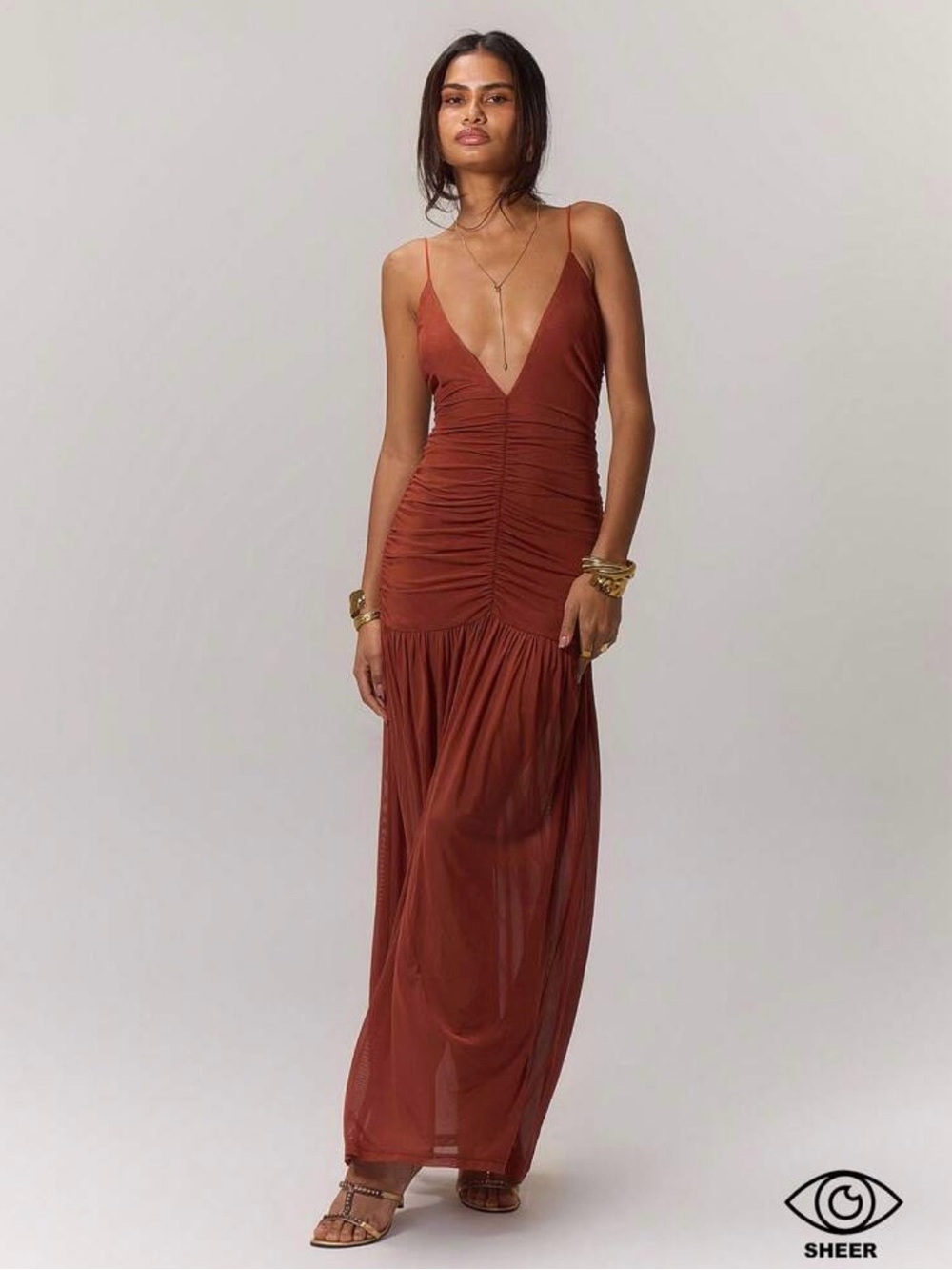 Ruched Spaghetti-strap Maxi Dress in Rust